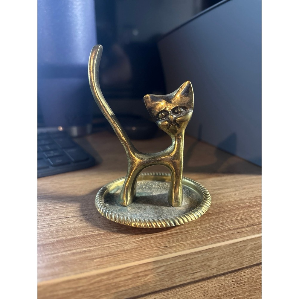 Vintage Kmart Brass Cat Ring Holder Trinket Dish Gold Tone Feline Decor